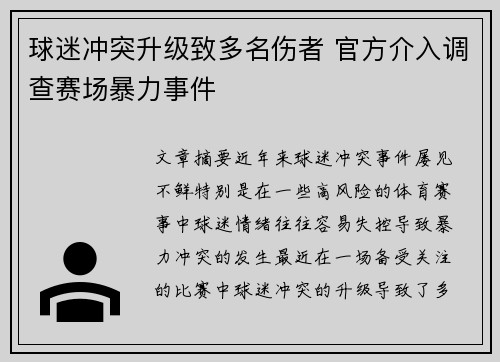 球迷冲突升级致多名伤者 官方介入调查赛场暴力事件 球迷冲突升级致多名伤者 官方介入调查赛场暴力事件